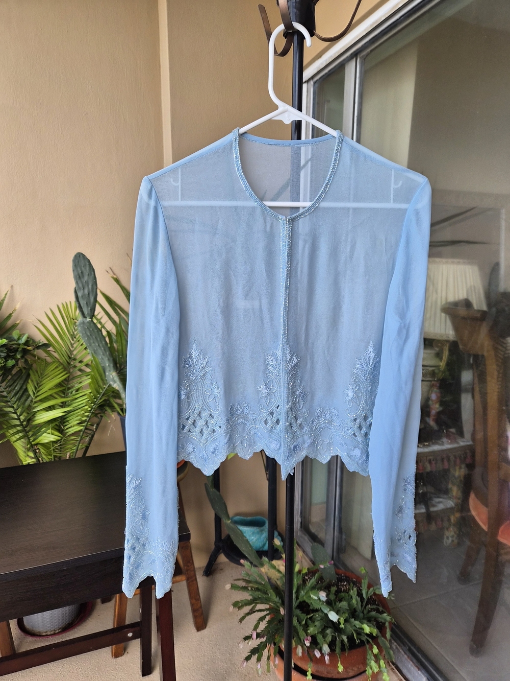 Hand Beaded Sheer Blue Blouse Lace Trim Size 4